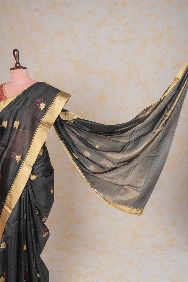 Handloom Cotton Silk Chanderi Saree Black Gold Floral Buta