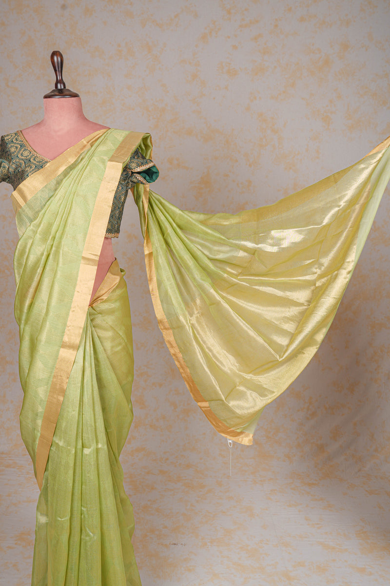 Handloom Cotton Silk Chanderi Saree Green Striped Buta