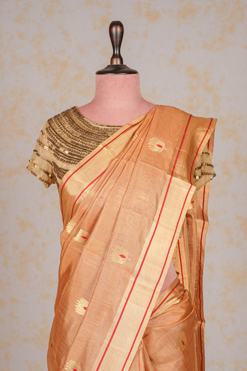 Handloom Chanderi Silk Saree Antique Gold Red Floral Buta