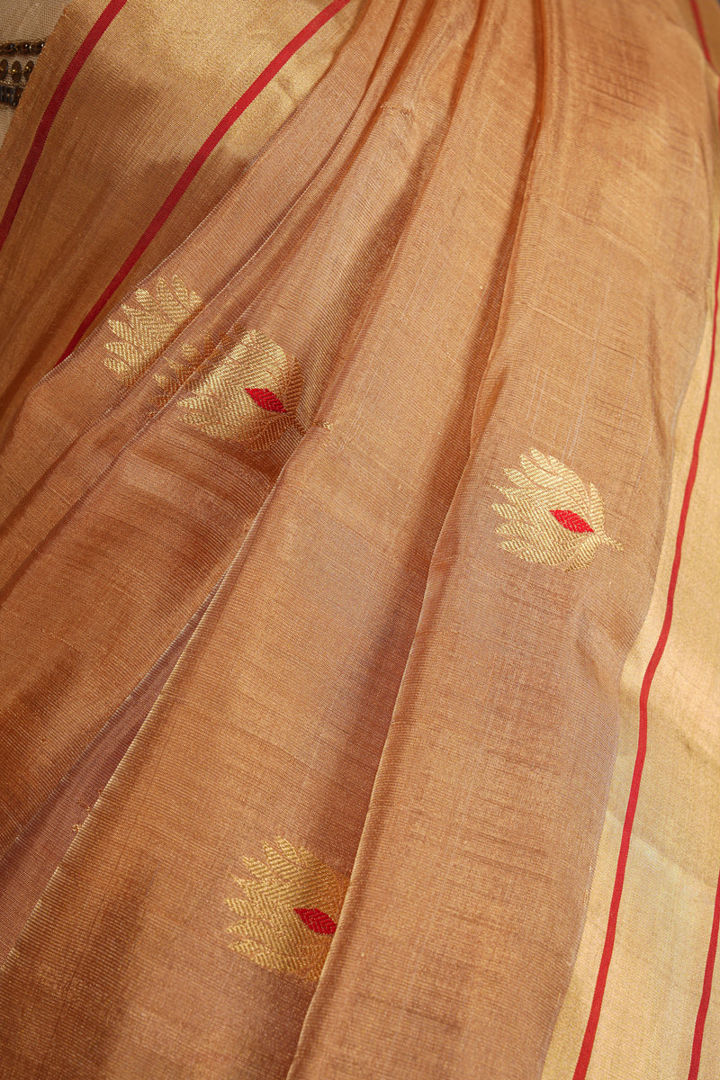 Handloom Chanderi Silk Saree Antique Gold Red Floral Buta