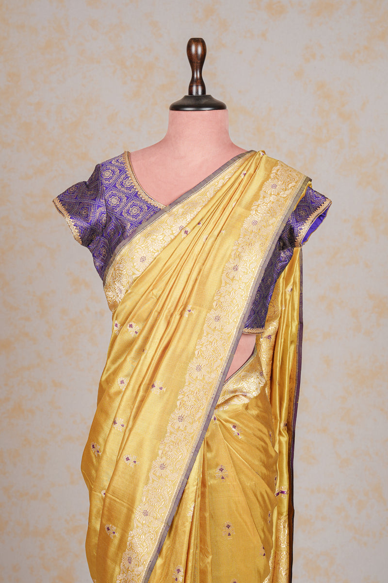 Handloom Kadhua Banarasi Katan Silk Saree - Butidar - Peach Minedar Floral