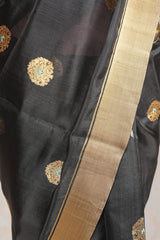 Handloom Cotton Silk Chanderi Saree Black Blue Gold Floral Buta