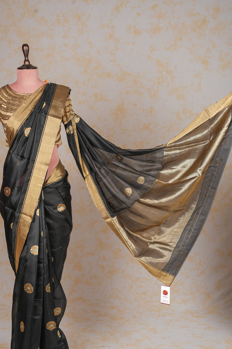 Handloom Cotton Silk Chanderi Saree Black Blue Gold Floral Buta