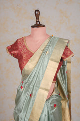 Handloom Cotton Silk Chanderi Saree Powder Blue Red Floral Buta