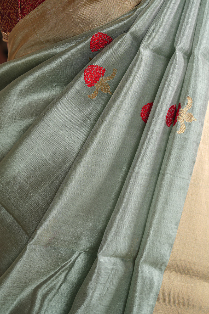 Handloom Cotton Silk Chanderi Saree Powder Blue Red Floral Buta