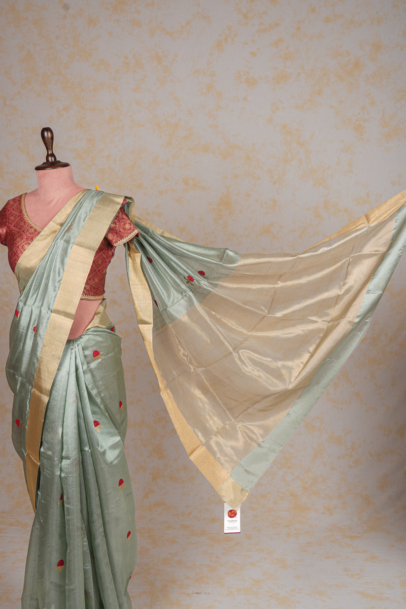 Handloom Cotton Silk Chanderi Saree Powder Blue Red Floral Buta