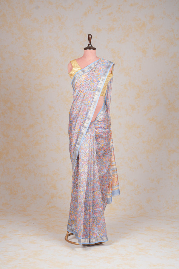 Cotton Hand Print Saree With Zari Border