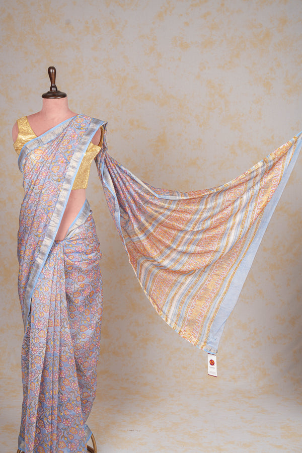 Cotton Hand Print Saree With Zari Border