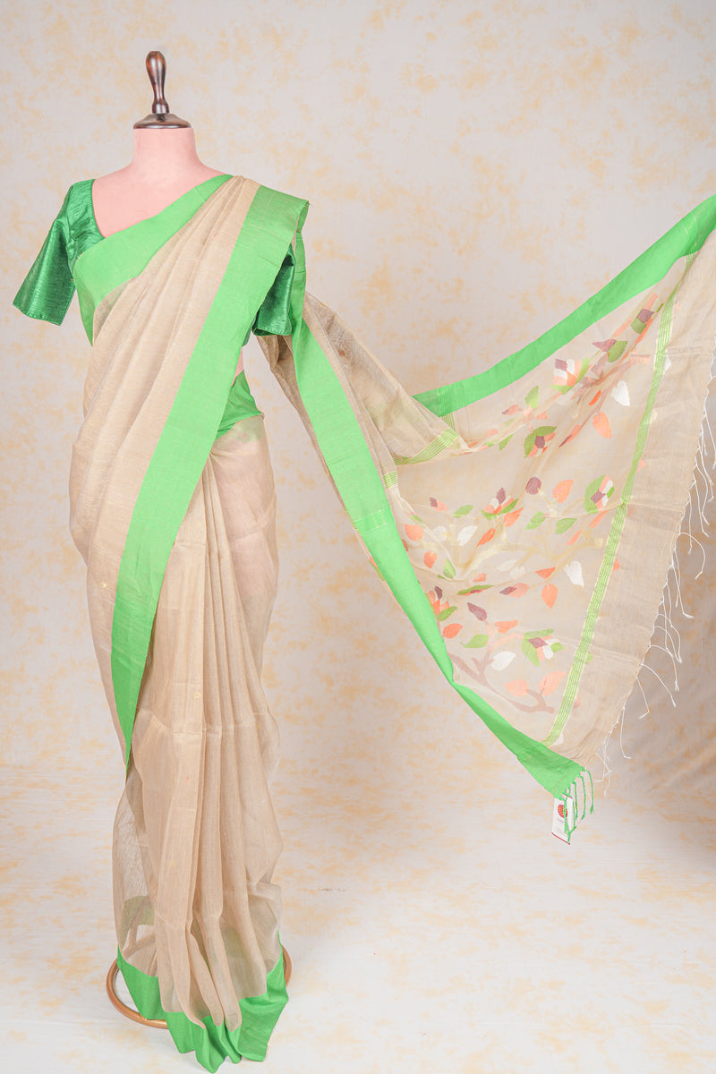 Handwoven Beige Muslin Jamdani Saree