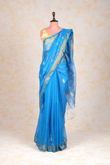 Handwoven Muslin Jamdani Saree Blue Rose Gold