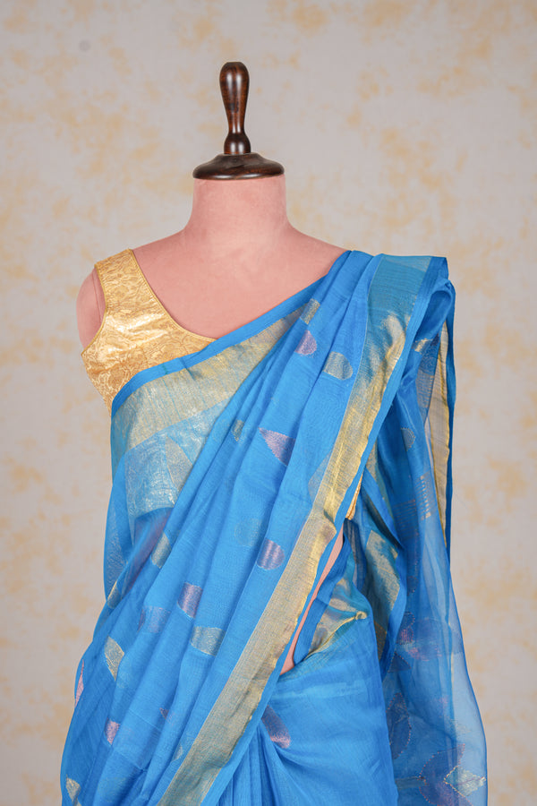 Handwoven Muslin Jamdani Saree Blue Rose Gold