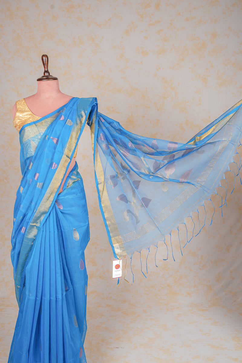 Handwoven Muslin Jamdani Saree Blue Rose Gold