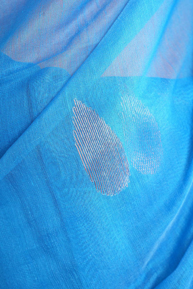 Handwoven Muslin Jamdani Saree Blue Rose Gold