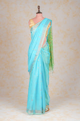 Handwoven Blue Green Muslin Jamdani Saree