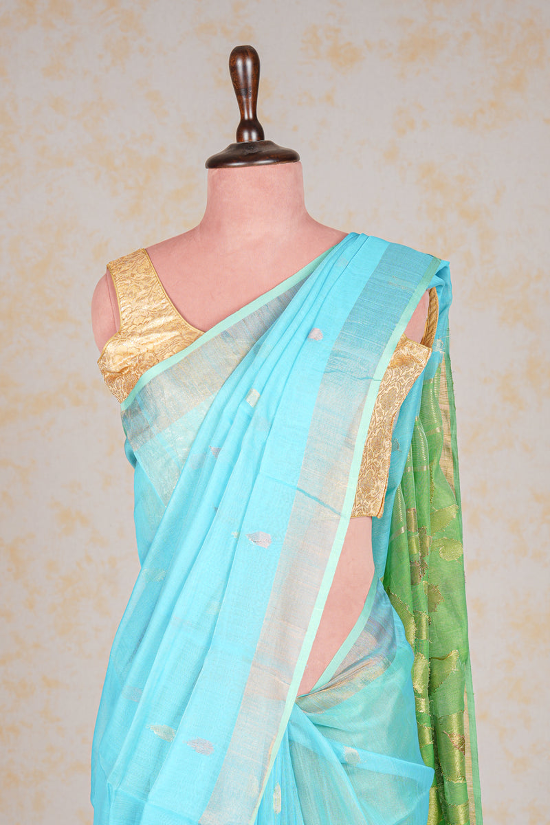 Handwoven Blue Green Muslin Jamdani Saree