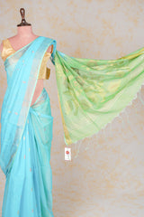 Handwoven Blue Green Muslin Jamdani Saree