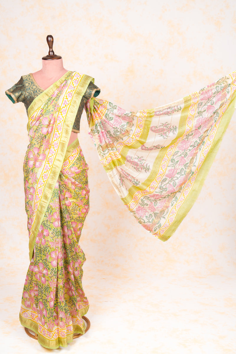 Cotton Hand Block Print Saree With Zari Border