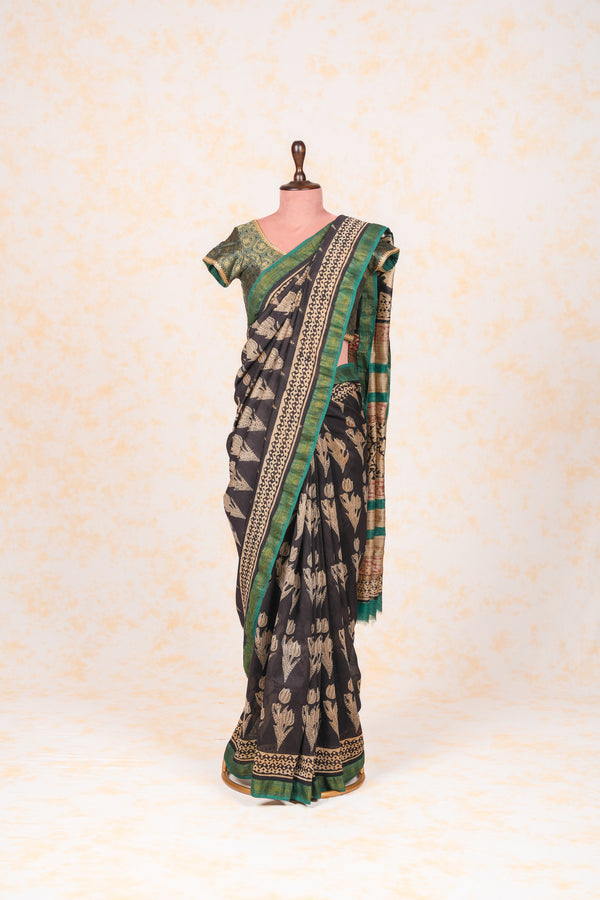 Cotton Hand Block Print Saree With Zari Border- Black