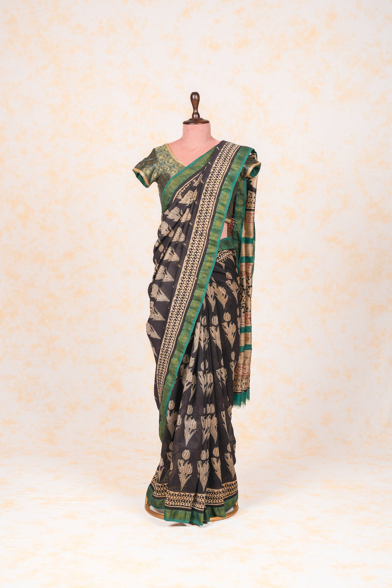 Cotton Hand Block Print Saree With Zari Border- Black