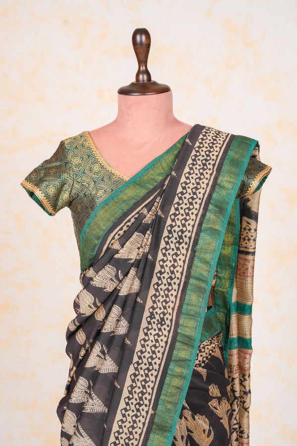 Cotton Hand Block Print Saree With Zari Border- Black