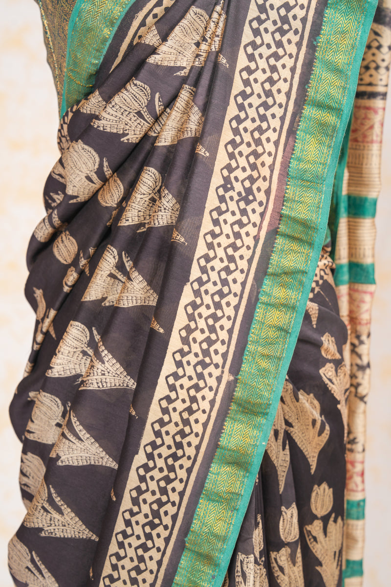 Cotton Hand Block Print Saree With Zari Border- Black