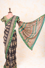 Cotton Hand Block Print Saree With Zari Border- Black