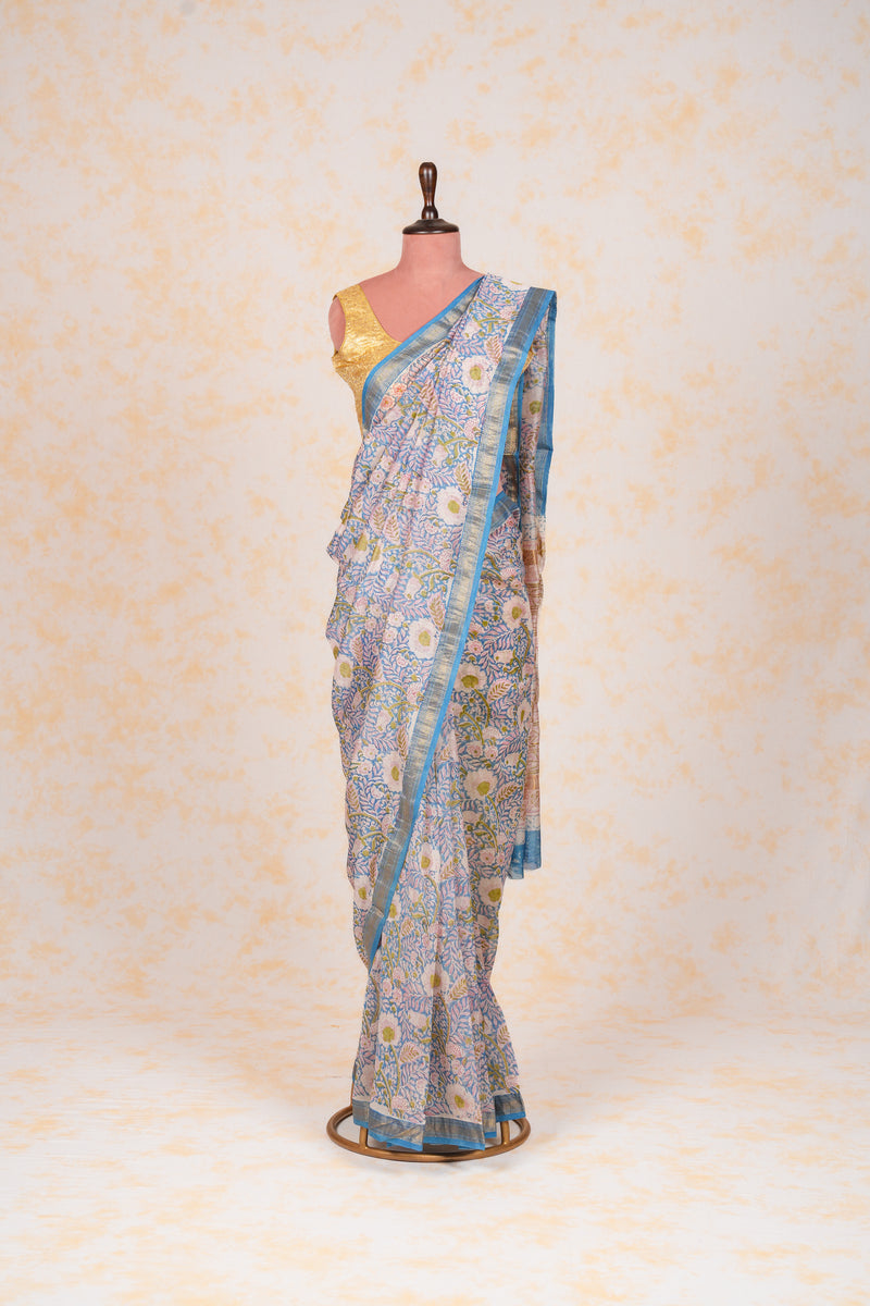 Cotton Hand Block Print Saree With Zari Border