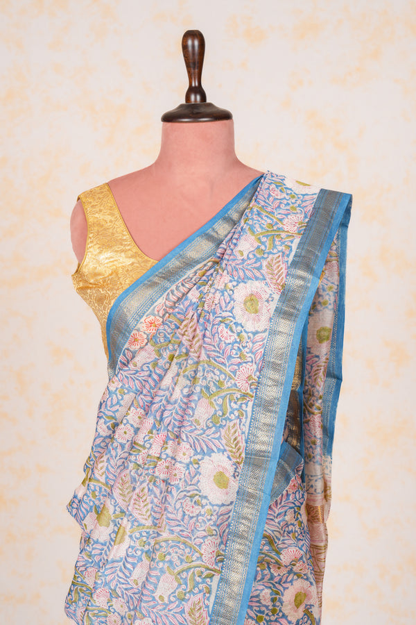 Cotton Hand Block Print Saree With Zari Border