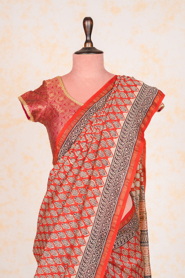 Cotton Hand Block Print Saree Small Border