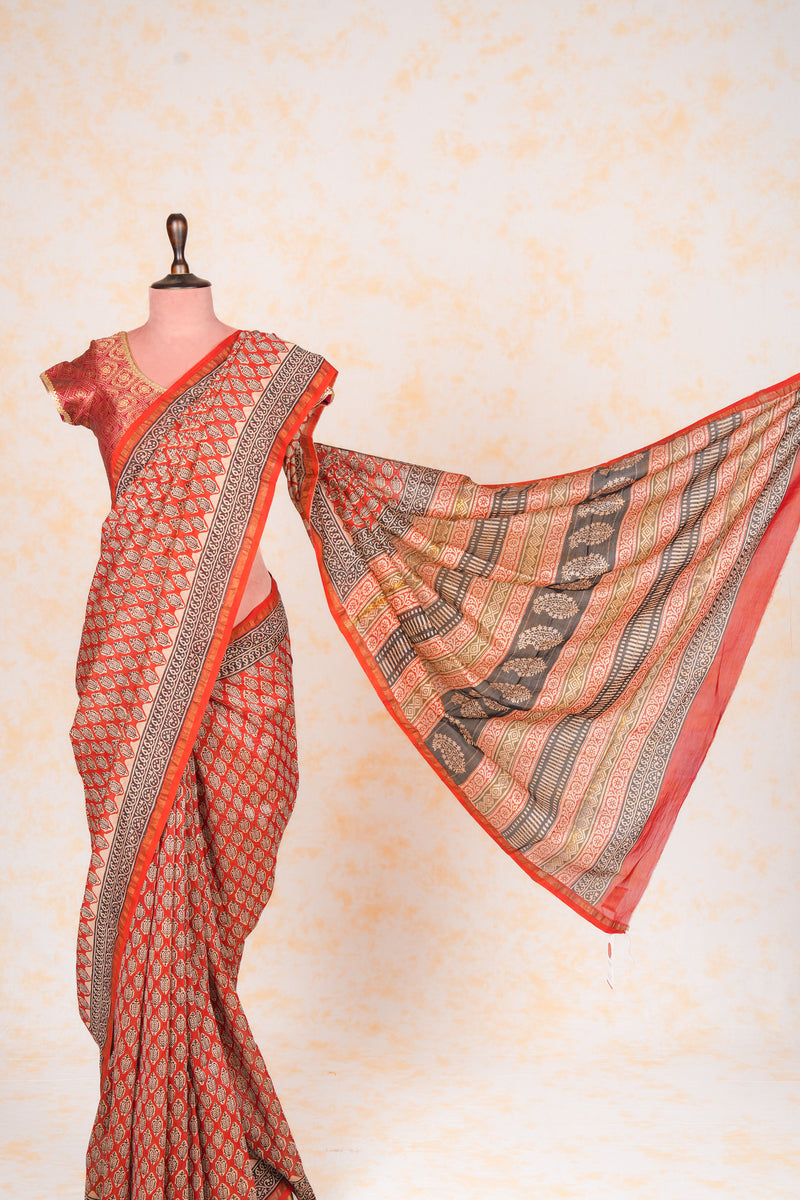 Cotton Hand Block Print Saree Small Border