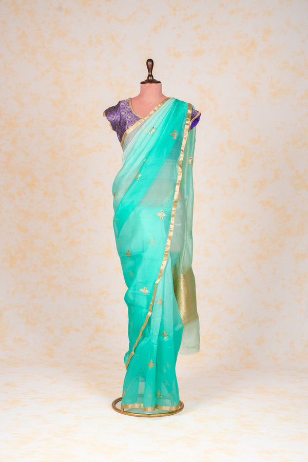 Handloom Kadhua Banarasi Kora Silk Saree - Shaded Butidar - Blue