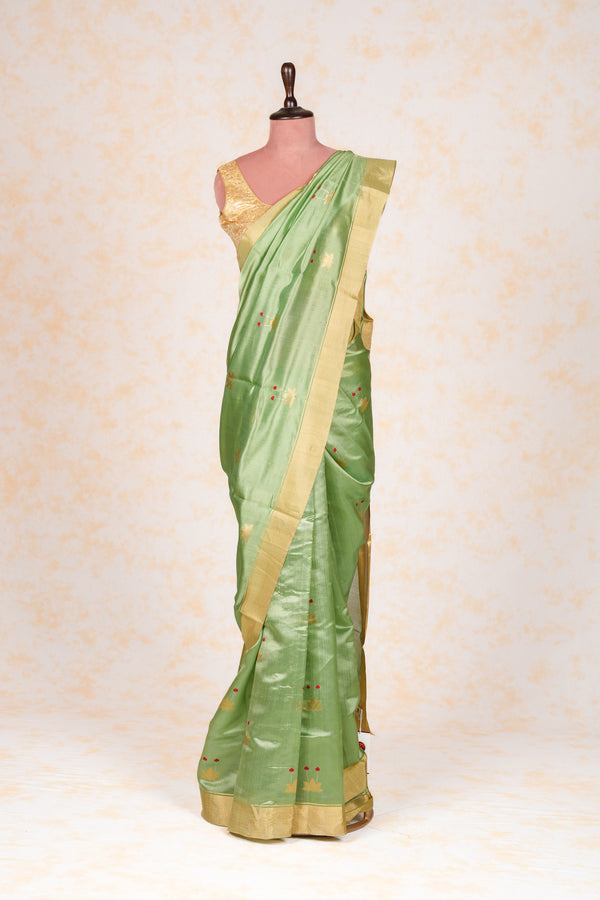 Handloom Cotton Silk Chanderi Saree Green Gold Buta