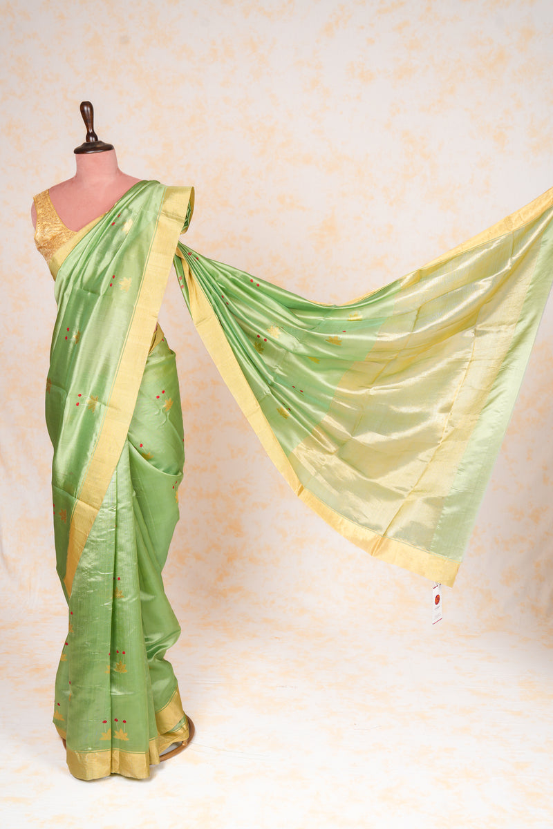 Handloom Cotton Silk Chanderi Saree Green Gold Buta