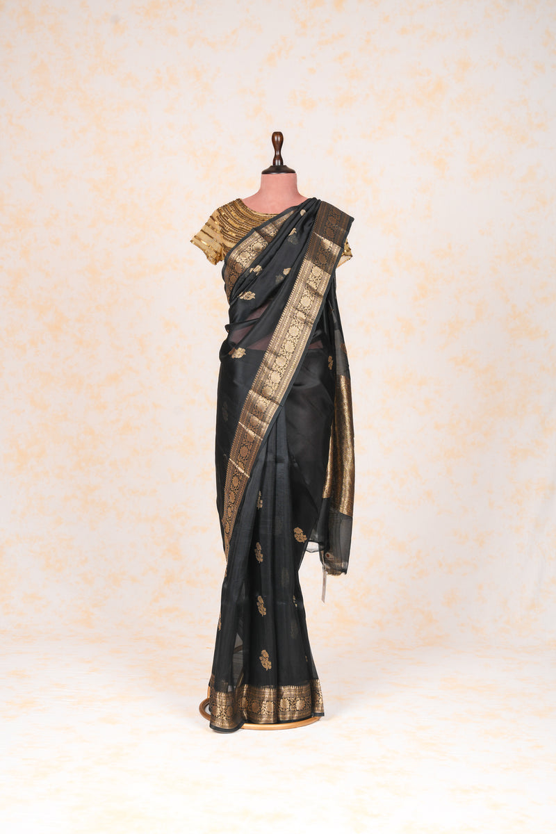 Handloom Kadhua Banarasi Kora Silk Saree - Butidar - Black