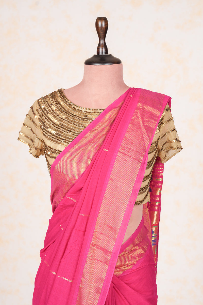 Handwoven Pink & Gold Paithani Saree With Classic Pallu