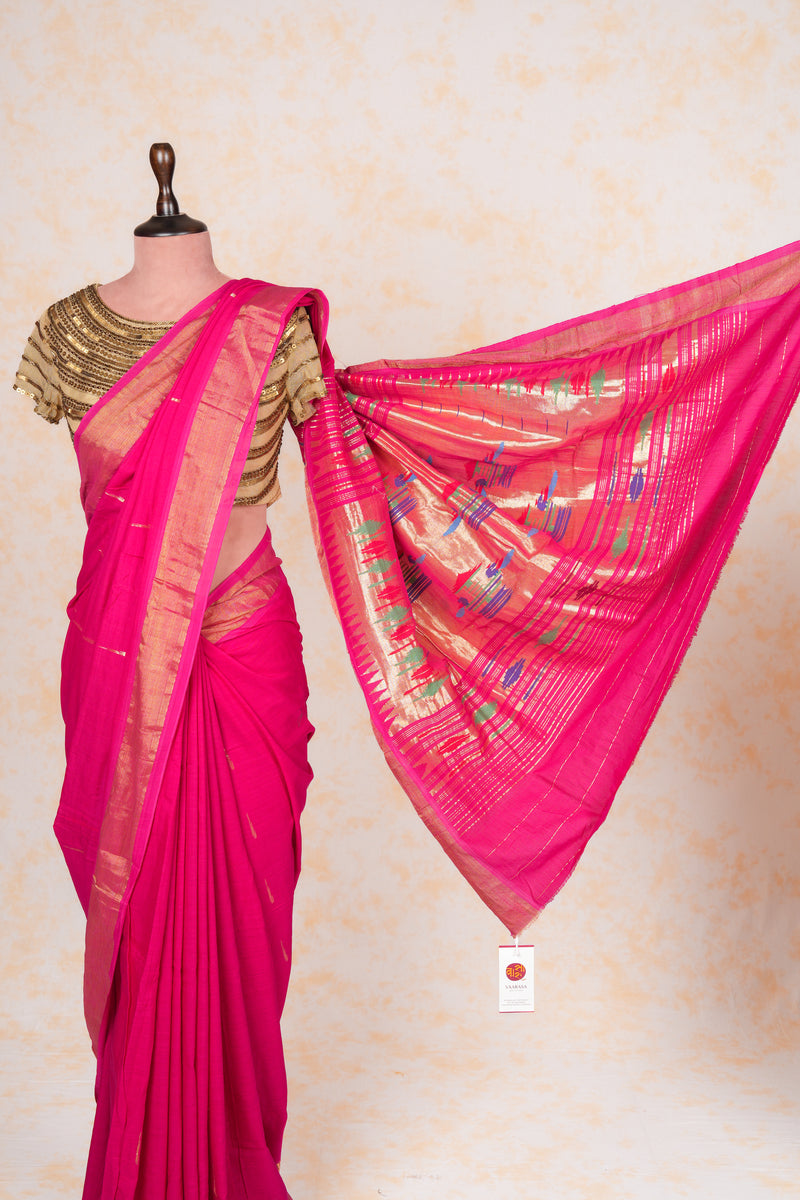 Handwoven Pink & Gold Paithani Saree With Classic Pallu