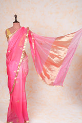 Handloom Kadhua Banarasi Kora Silk Saree - Shaded Butidar - Pink