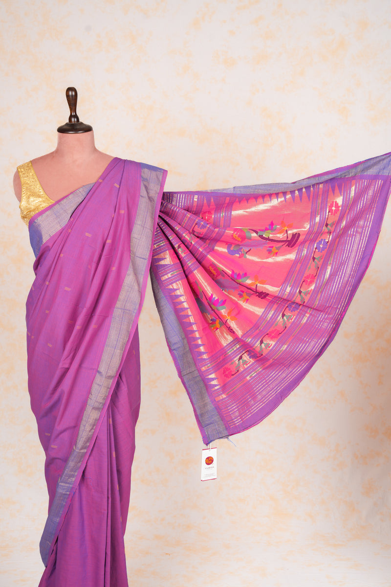 Handwoven Purple & Gold Paithani Saree With Peacock Motifs