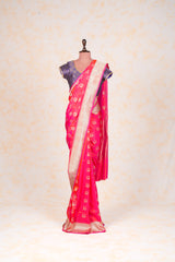 Handloom Kadhua Banarasi Katan Silk Saree - Butidar - Pink Peacock