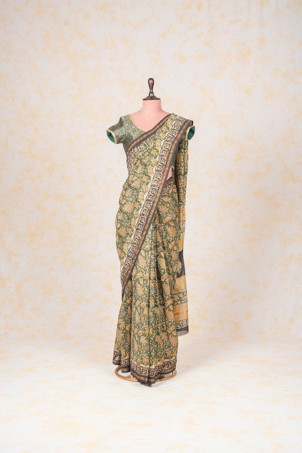 Cotton  Hand Block Print Saree-Green Black