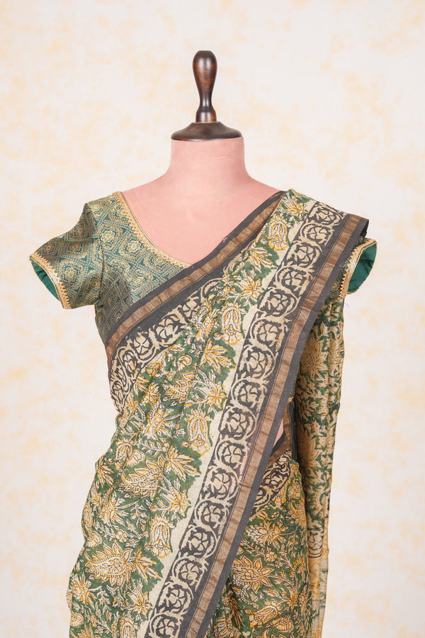 Cotton  Hand Block Print Saree-Green Black