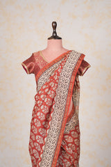 Cotton Hand Block Print Saree-Red