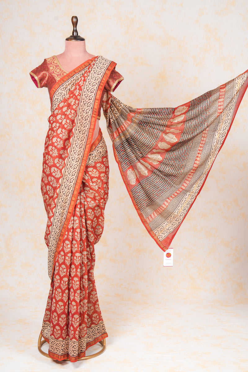 Cotton Hand Block Print Saree-Red