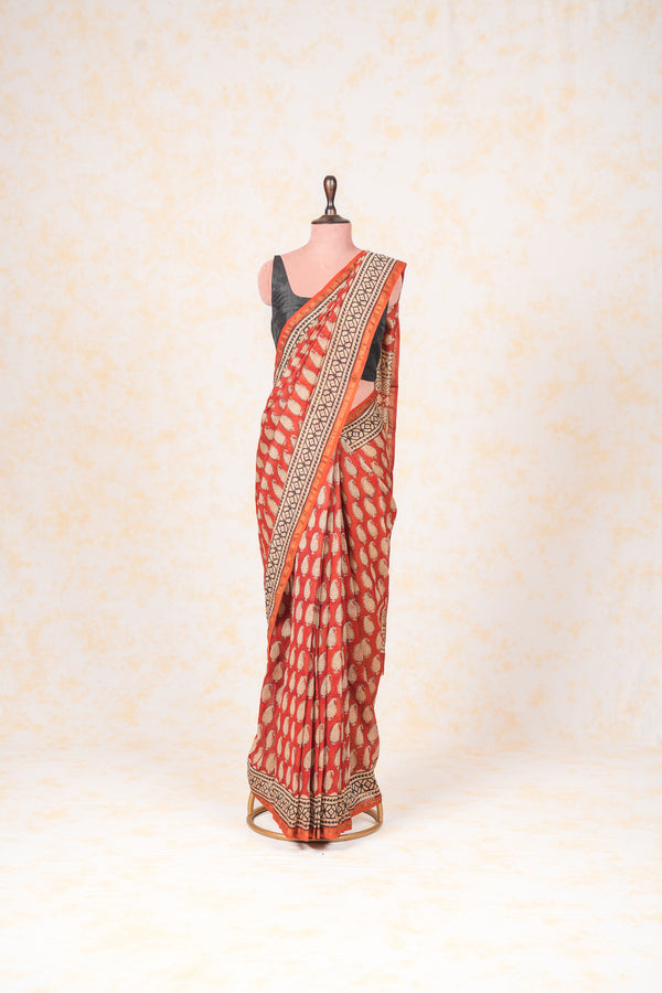 Cotton Hand Block Print Saree - Red Madder Saree