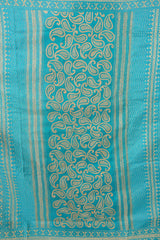 Handembroiederd Kantha Silk Srees Green Beige Paisley Motif