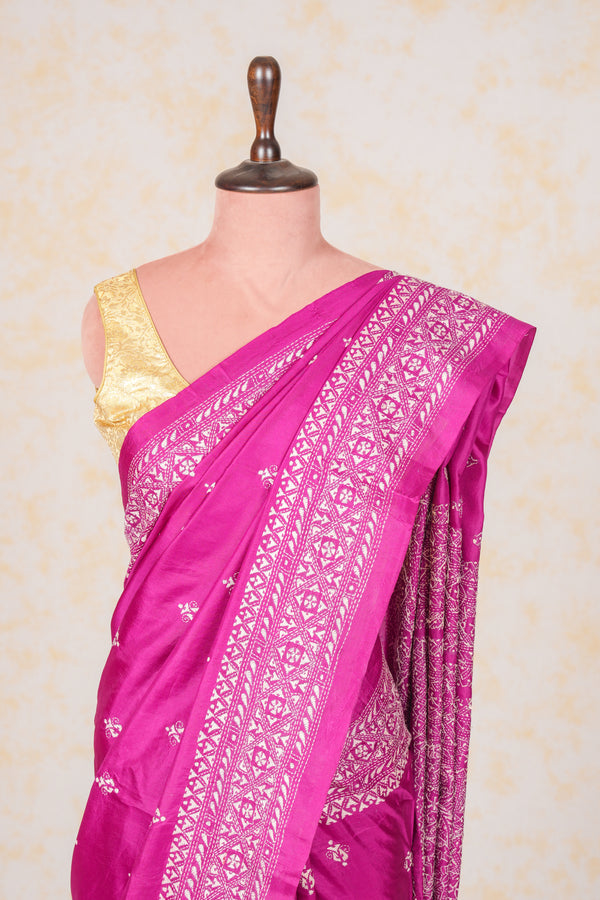 Handembroidered Kantha Silk Saree-Purple Floral Butidar