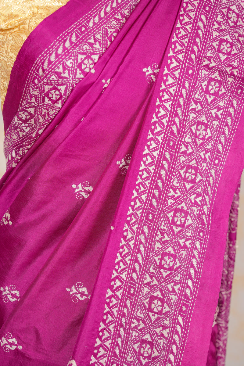 Handembroidered Kantha Silk Saree-Purple Floral Butidar