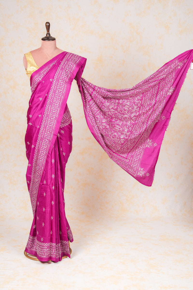 Handembroidered Kantha Silk Saree-Purple Floral Butidar