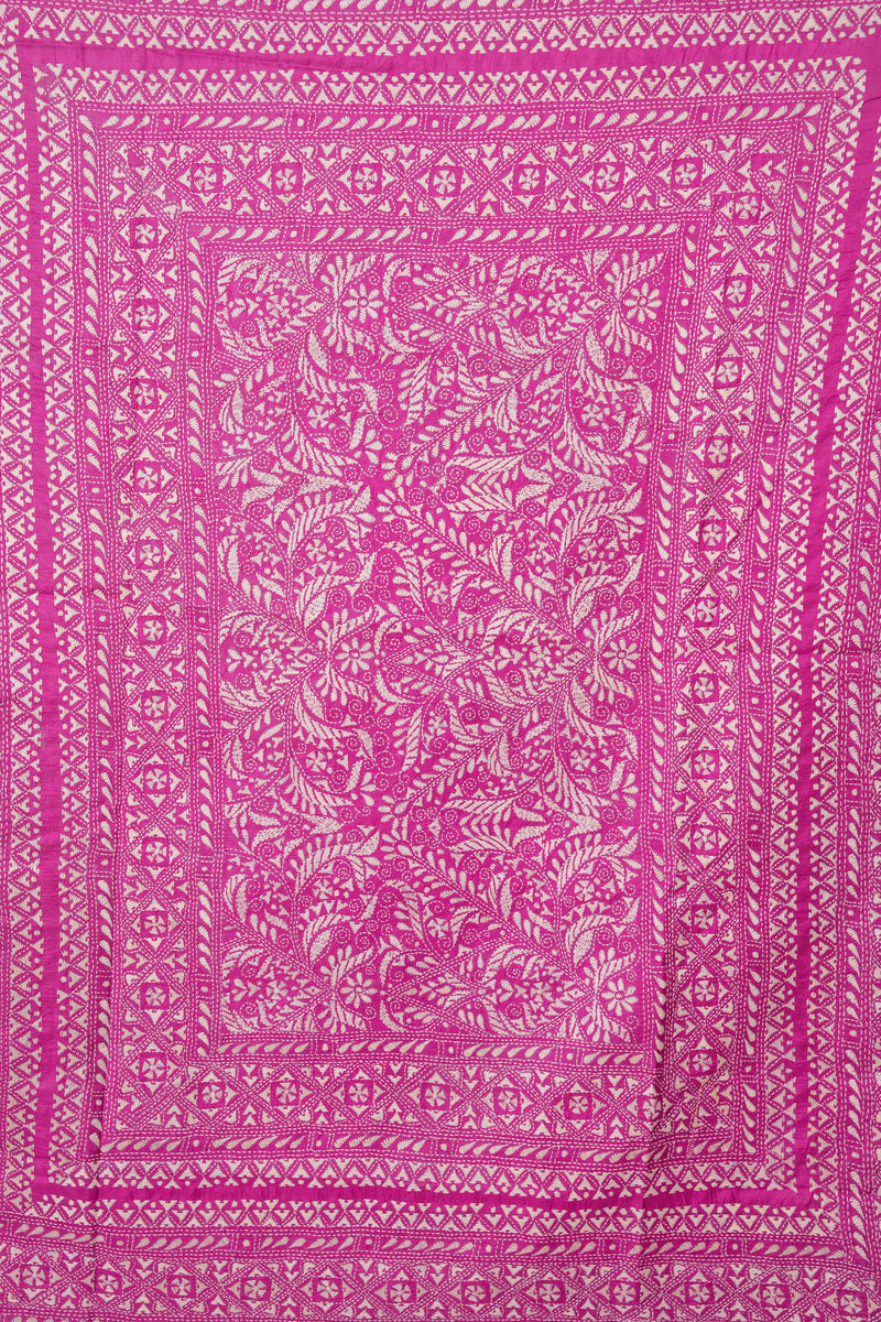 Handembroidered Kantha Silk Saree-Purple Floral Butidar