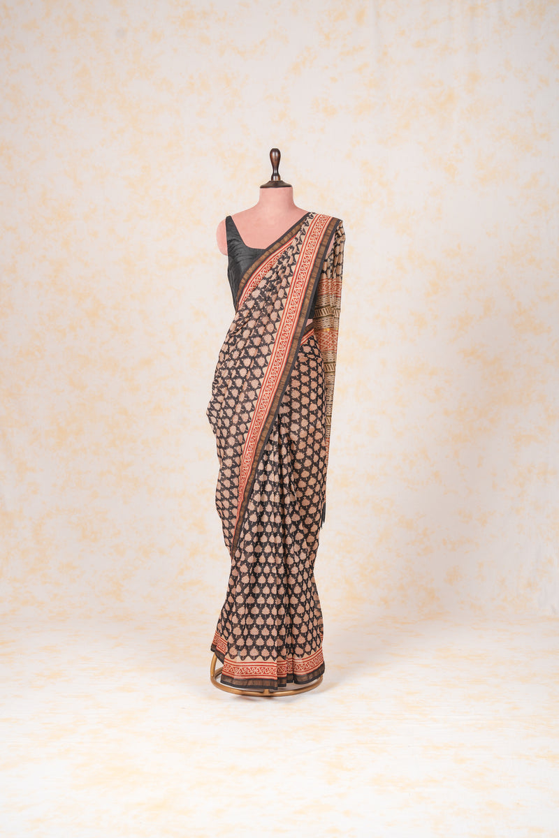 Cotton Hand Block Print Saree - Black Off White